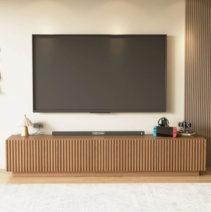 Mobile <span class=keywords><strong>TV</strong></span> Moderno Scanalato da 86,6 Pollici con Ante a Doghe, Corpo in MDF e <span class=keywords><strong>Base</strong></span> in Legno Massello per <span class=keywords><strong>TV</strong></span> fino a 90 Pollici - Product Image 1