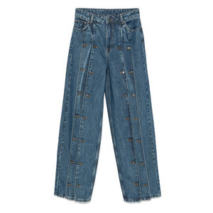 Logo personnalisé pour femmes coupe droite taille moyenne <span class=keywords><strong>jean</strong></span> lavage de classe plissé embelli bouton respirant Denim décontracté Streetwear Sexy - Product Image 5