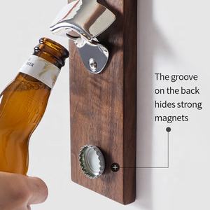 Ouvre-bouteille en bois à bouchon magnétique mural, vintage, en métal et personnalisé, avec attrape-bouchon - Product Image 2