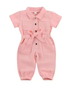 AL0601 Pink Color Wholesale Baby Clothes Toddler Girl Clothing Baby Rompers With Bow-knot And Pockets