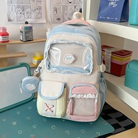 Sac à dos d'étudiant mignon en patchwork pastel avec poche transparente en PVC, décor en dentelle, sac d'école avec porte-monnaie détachable