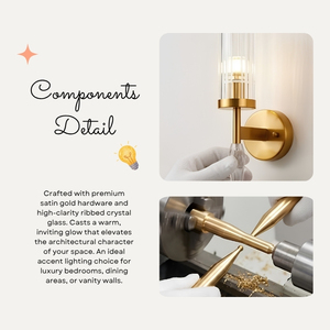 Applique murale moderne de luxe en satin doré à tête unique, abat-jour en verre transparent côtelé vertical pour l'éclairage décoratif des couloirs et des halls - Product Image 3