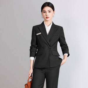 Women's Dark Blue Business Suit Set Full Sleeve Formal Anti-Wrinkle <b>Wool</b> Blend Workwear For Office Hotel Bank Jobs - Product Image 2
