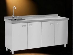 Meuble d'évier de cuisine professionnelle en acier inoxydable avec poste de travail intégré, double bac et unité de rangement pour zone de préparation de restaurant - Product Image 3
