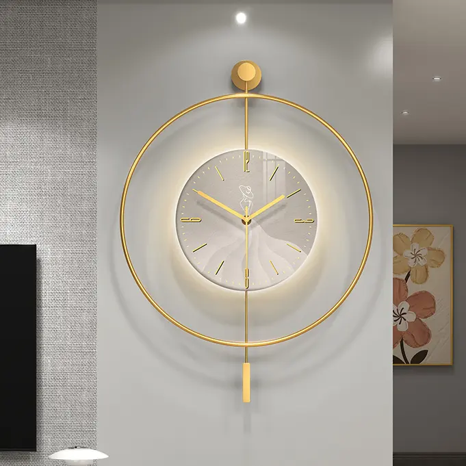 Spanischer Stil Modern Einfache Kreativität Übergroße Pendel wanduhr mit LED-Licht Große runde Metall wand Eisen kunst