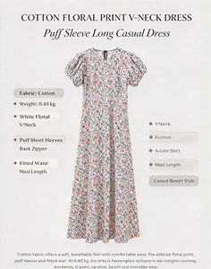 Robe longue en coton pour femme à motif floral, col rond, manches bouffantes, taille haute, coupe évasée, avec laçage, tenue décontractée d'été - Product Image 2