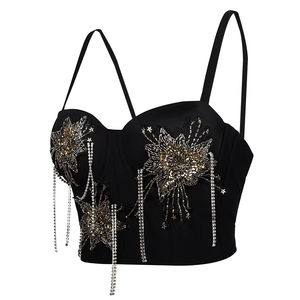 Women's Breathable <b>Sexy</b> Lace Short <b>Crop</b> Tank <b>Tops</b> with Beaded Tassel Detail Anti-shrink-Custom OEM Service - Product Image 2