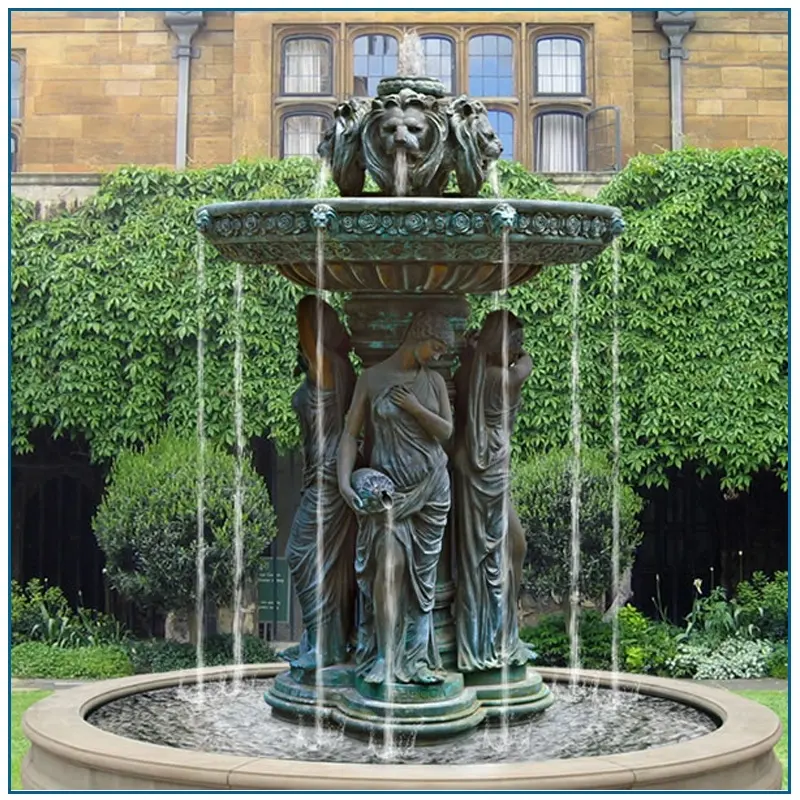Decoração de jardim tamanho grande bronze senhoras e cabeças de leão fonte de água de bronze
