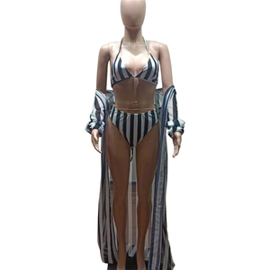 Conjunto de bikini de tres piezas con detalle de lazo a rayas y falda con abertura - Product Image 6