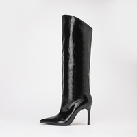 Schwarze Lackleder-Kniehohe Stiefel für Damen Spitze Zehe Stiletto-Absatz Slip-On Hochglanz Lange Stiefel Sexy Abendkleid-Partyschuhe
