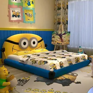 新星黄色卡通设计儿童女童卧室套装柔软儿童床实木框架男童特大皮革双人床