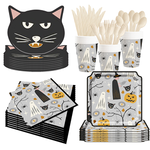 DAMAI Halloween Theme Black Cat Bumpkin Little Ghost Disposable Party Paper Plates Napkins Cups Party Disposable Tableware Set - Product Image 1