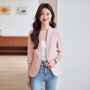 Women's Thin Blazer White Three Quarter Sleeve Solid Color Breathable Suit Top - Product Image 2