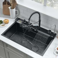 Casa De Campo Hecha a Mano De Acero Inoxidable 304 Cascada De Lluvia Voladora Fregadero De Cocina Inteligente Lavabo Dor
