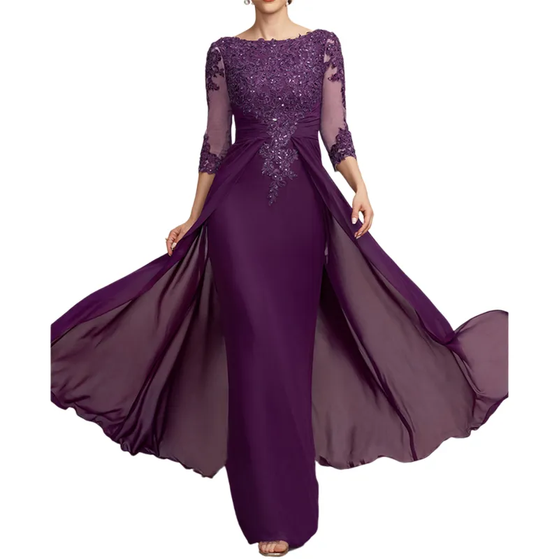 Mature Embellishments Boat Neck Three Quarter Sleeves Beading Plain Chiffon Evening Prom Gown Dresses