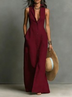 Robe longue asymétrique sans manches pour femme, grande taille, col chemise, boutonnée sur le devant, couleur unie, pour dropshipping Shopify
