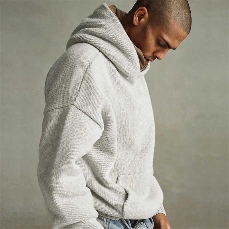 Custom oversized knitted pullover hoody sweaters for men heavyweight knitted fabric hoodie