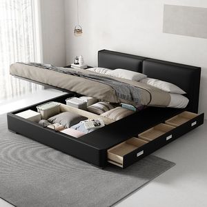 Lit double moderne et minimaliste en cuir noir avec rangement à vérin à gaz et tiroirs latéraux – Cadre de lit plateforme de luxe Queen/King - Product Image 1