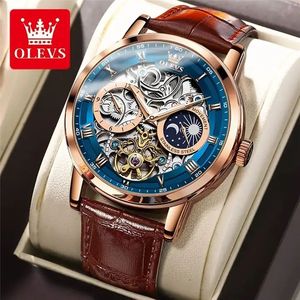 OLVES 6670 Reloj de cuero de oro rosa hueco totalmente automático para hombre con logotipo de diseño 3D Pantalla de esfera de puntero resistente al agua - Product Image 1