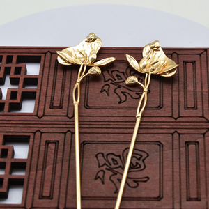 Horquilla con diseño de rama de loto, chapada en cobre, accesorio para el cabello con forma de flor, accesorio para boda - Product Image 4