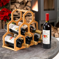 202608 Estantes de exhibición de bambú con diseño de panal, soporte para botellas de cerveza, botellero de vino, estanterías de almacenamiento de madera para mesa y encimera