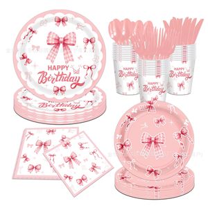 Bow-Themed Birthday Party Tableware Set Paper Cups Napkins <b>Disposable</b> <b>Plates</b> Party Supplies Kit - Product Image 1