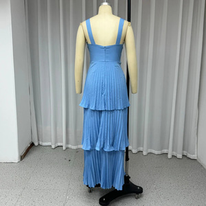 Summer New Arrival Women's Solid Color High-Waisted Elegant Fitted <b>Spaghetti</b> <b>Strap</b> Ruffled Pleated Dresses Fashion - Product Image 4