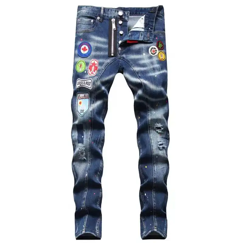 Taly d2-pantalones vaqueros con cremallera para hombre, jeans a rayas con agujeros negros, gran oferta en 2022