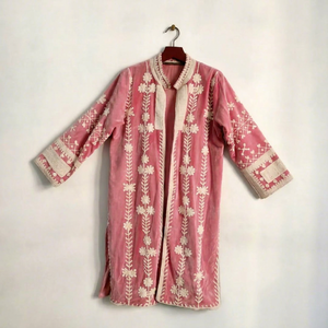 Chaqueta Larga de Terciopelo Rosa Vintage para Mujer, Estilo Suzani, Bordado Floral, Bohemio, Manga Larga, Cuello Alto, Ropa de Abrigo de Invierno - Product Image 1