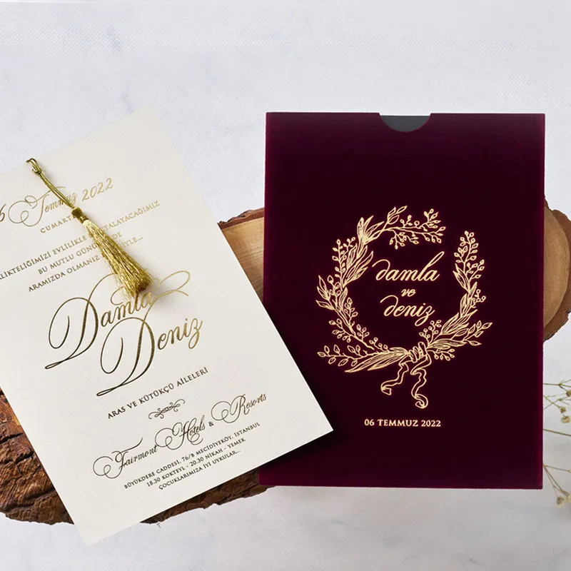 Toptan lüks kadife cep tarzı düğün davetiyesi kartı ile özel tasarım