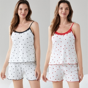 睡衣套装 罗纹吊带短裤睡衣 女式夏季甜美辣妹套装 - Product Image 1
