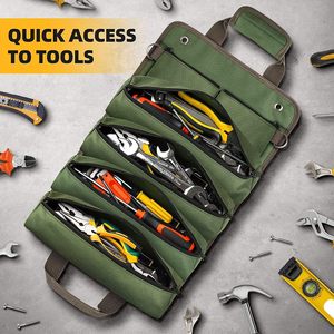 Roll Up Tool Bag Green 10-14 Pockets Zipper Closure Portable Tool Storage Bag For Electrical Woodworking Car Repair - Product Image 1