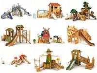 Équipement de terrain de jeu extérieur pour enfants en bois dur anti-corrosion, combinaison de jeux en bois avec toboggan pour maternelle, camp, parc