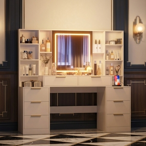 Bàn trang điểm gỗ sồi nguyên khối hiện đại có gương và đèn, kích thước lớn 53 inch, 8 ngăn kéo, kệ mở, có thể điều chỉnh, thích hợp cho phòng ngủ - Product Image 1