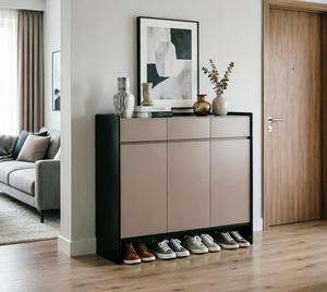 Meuble à chaussures moderne et fin, écologique, réglable, avec rangement inférieur ouvert, organisateur <span class=keywords><strong>d</strong></span>'entrée à 3 portes, finition beige et noir, pour salle de sport - Product Image 3