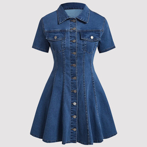 Nouvelle <span class=keywords><strong>robe</strong></span> <span class=keywords><strong>en</strong></span> <span class=keywords><strong>jean</strong></span> pour femmes à manches courtes, col à revers, taille cintrée - Product Image 2