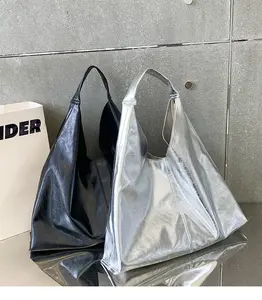 Yeni gümüş yumuşak malzeme moda güz kış tote çanta alışveriş çantası büyük kapasiteli