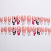 24 faux ongles à presser pour Halloween, forme amande, French manucure, motif toile d'araignée fantôme mignon, réutilisables, en acrylique, pour femmes et filles