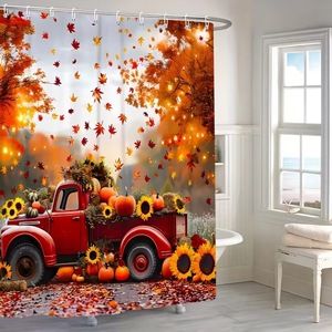 Cortina de Ducha de Poliéster con Diseño de Camión Rojo y Hojas de Otoño, Impresión Digital Personalizada, Impermeable, Venta al Por Mayor, Moderna - Product Image 4
