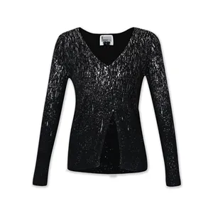 Sweater Pullover rajut wanita, baju hangat rajut leher V lengan panjang cetak Foil modis kualitas tinggi
