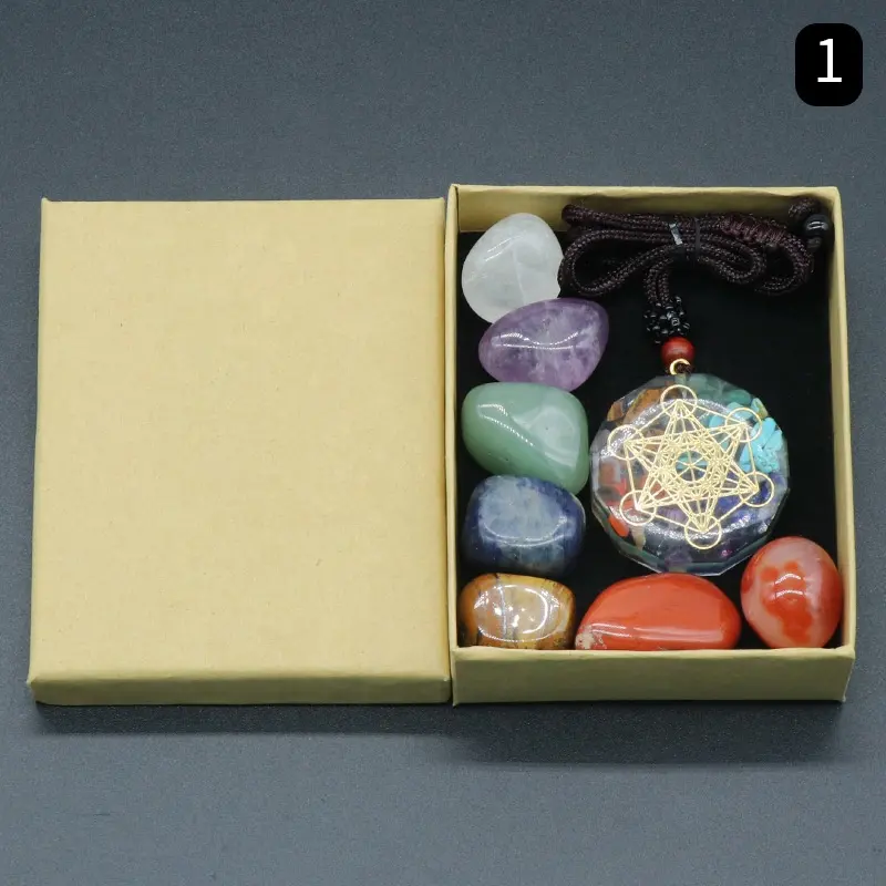Kieselanhänger Halskette Geschenkset Unregelmäßig Meditation Reiki Symbole Heilung bunte Stein 7 Chakra natürliches Geschenkkarton Liebe