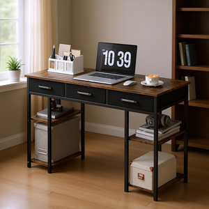 Rustic Brown 47 Inch <b>Computer</b> Desk With Adjustable Shelves Fabric Drawers Home Office Writing Desk - Product Image 2