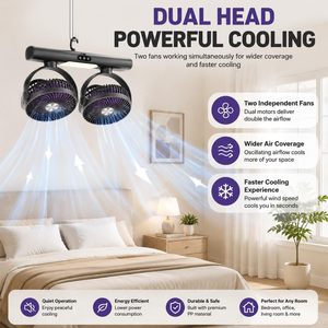 Ventilateur de bureau oscillant à double tête 3000 mAh avec veilleuse 2-en-1, ventilateur mural/de bureau USB, contrôle double indépendant, 3 vitesses - Product Image 3