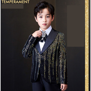 In Stock elegante Set da smoking da ragazzo scintillante abito formale nero con paillettes dorate vestito da servizio fotografico 3 pezzi - Product Image 2