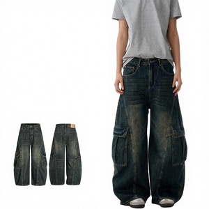 High Quality American Multi-Pocket Denim Solid Cargo <b>Jeans</b> Trendy Hiphop Wide Leg Streetwear Pants - Product Image 2