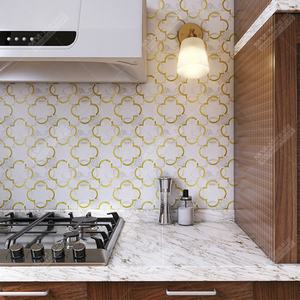 Waterjet Marble <strong>White</strong> Gold PVC Vinyl Peel and <strong>Stick</strong> Mosaic <strong>Stick</strong> <strong>on</strong> Self Adhesive <strong>Tile</strong> for Wall Backsplash Kitchen Bathroom DIY - Product Image 6
