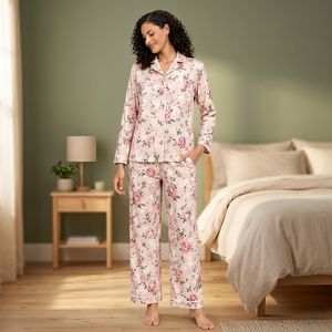 Conjunto de Pijama de Algodón Tejido Floral para Mujer, Suave, Lavable a Máquina, Manga Larga, Cuello Camisero, Ropa de Dormir - Product Image 3
