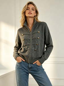 Cardigan décontracté pour femme, col montant, fermeture éclair, manches longues, couleur unie, coupe ample, haute qualité, service personnalisé, usage quotidien - Product Image 2
