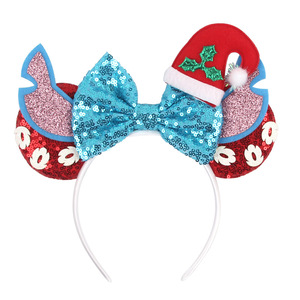 Diadema de Orejas de Ratón Navideñas con Lazo de Lentejuelas Azules, Gorro de Santa Claus y Adorno de Aloe Vera para Niños - Accesorio para el Cabello con Temática Navideña para Parques de Atracciones - Product Image 1