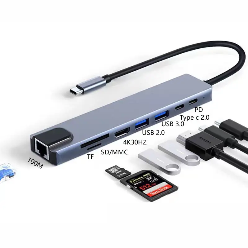 ออกแบบใหม่อลูมิเนียม 3/4/5/6/7/8 in 1 ประเภท C Hub พร้อมอะแดปเตอร์ HDTV, Ethernet, TF/SD card reader, พอร์ต USB 2 พอร์ตและ 87W 3.0 HUB